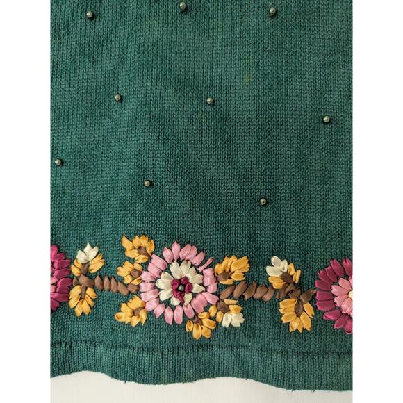 VTG Grandma Sweater Colleens Collectables Size L Green Floral Embroidered Beaded - Picture 3 of 8